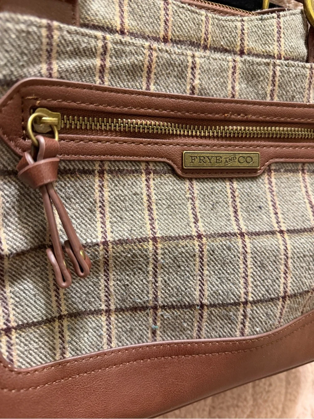 Frye & Co Brown Plaid Satchel Crossbody Bag Tweed Shoulder Purse